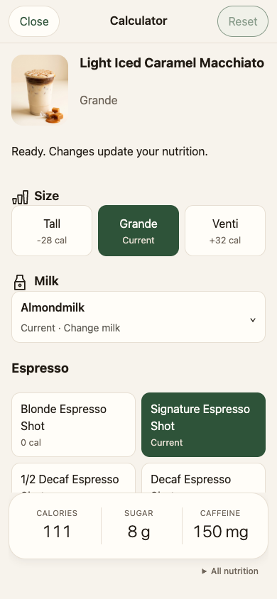 Coffee Macros Calculator preview showing the loaded Light Iced Caramel Macchiato and its customization options